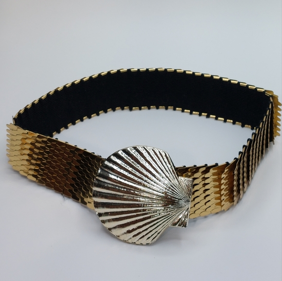 Vintage | Accessories | Vintage Shell Buckle Metal Scale Stretch Belt ...